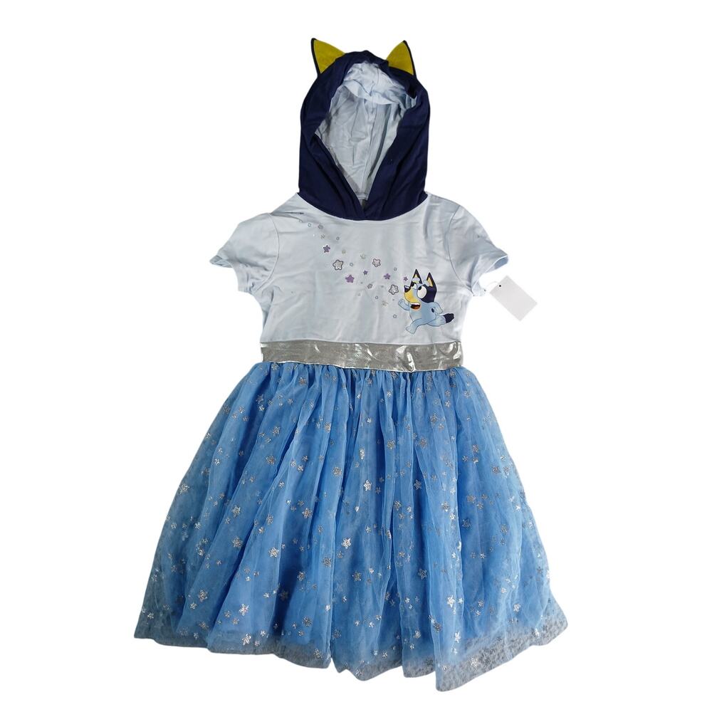 Bluey Dress Girls XS (4-5) Blue Shirt Twirl Tulle Skirt Hood with Ears NWT